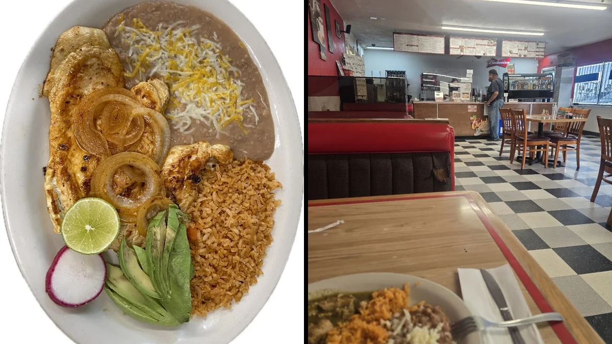 Tacos and burritos served on white plates