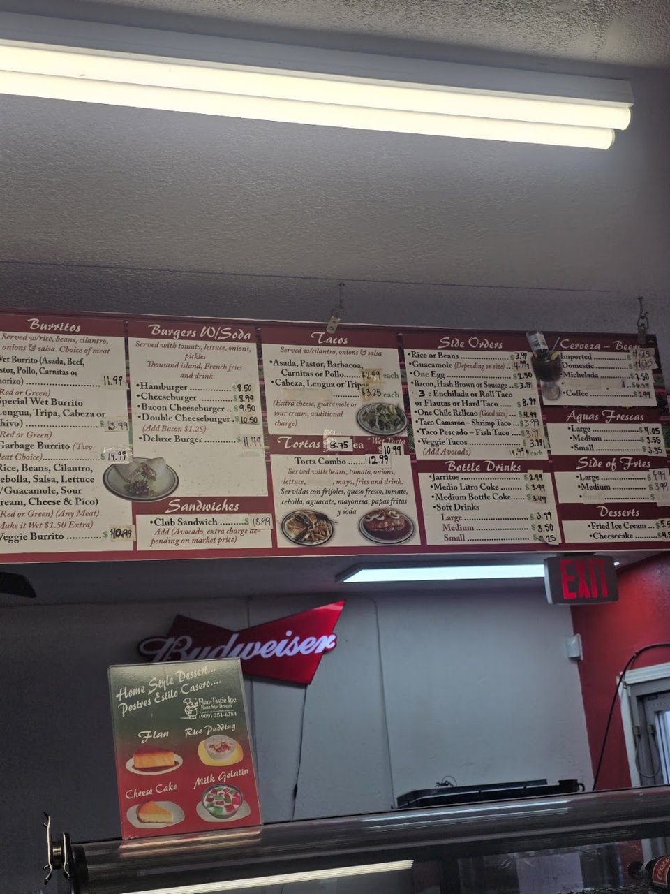 Printed menu featuring burritos and salads